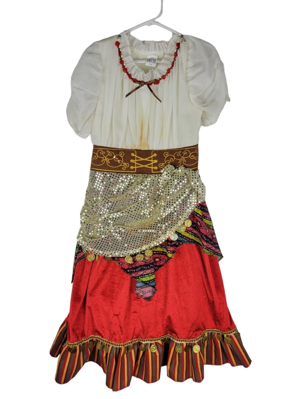 Girls Peasant Dress/Costume Gypsy with goldtone coin trim Size S(4-6) Stain *pic
